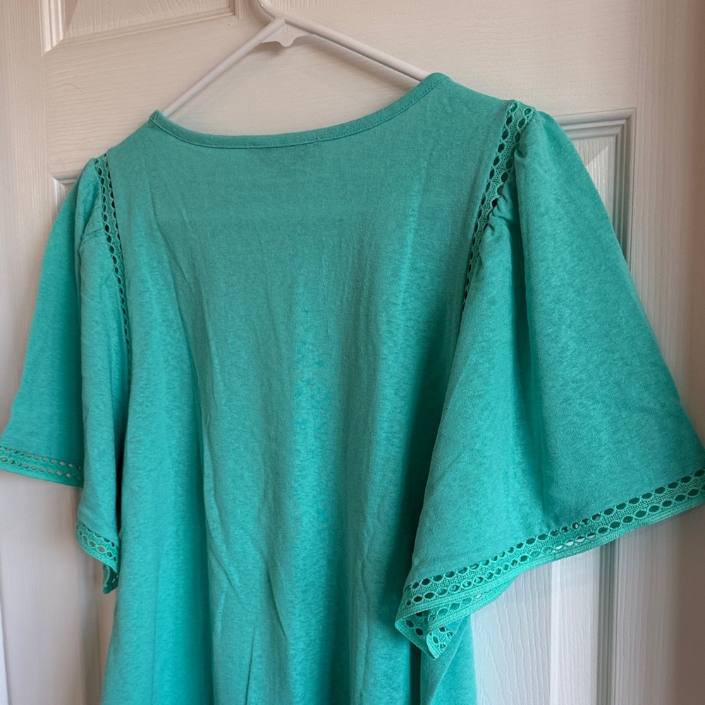 NWT LOFT Teal Puff Sleeve Tee with Crochet Trim - Picture 7 of 9